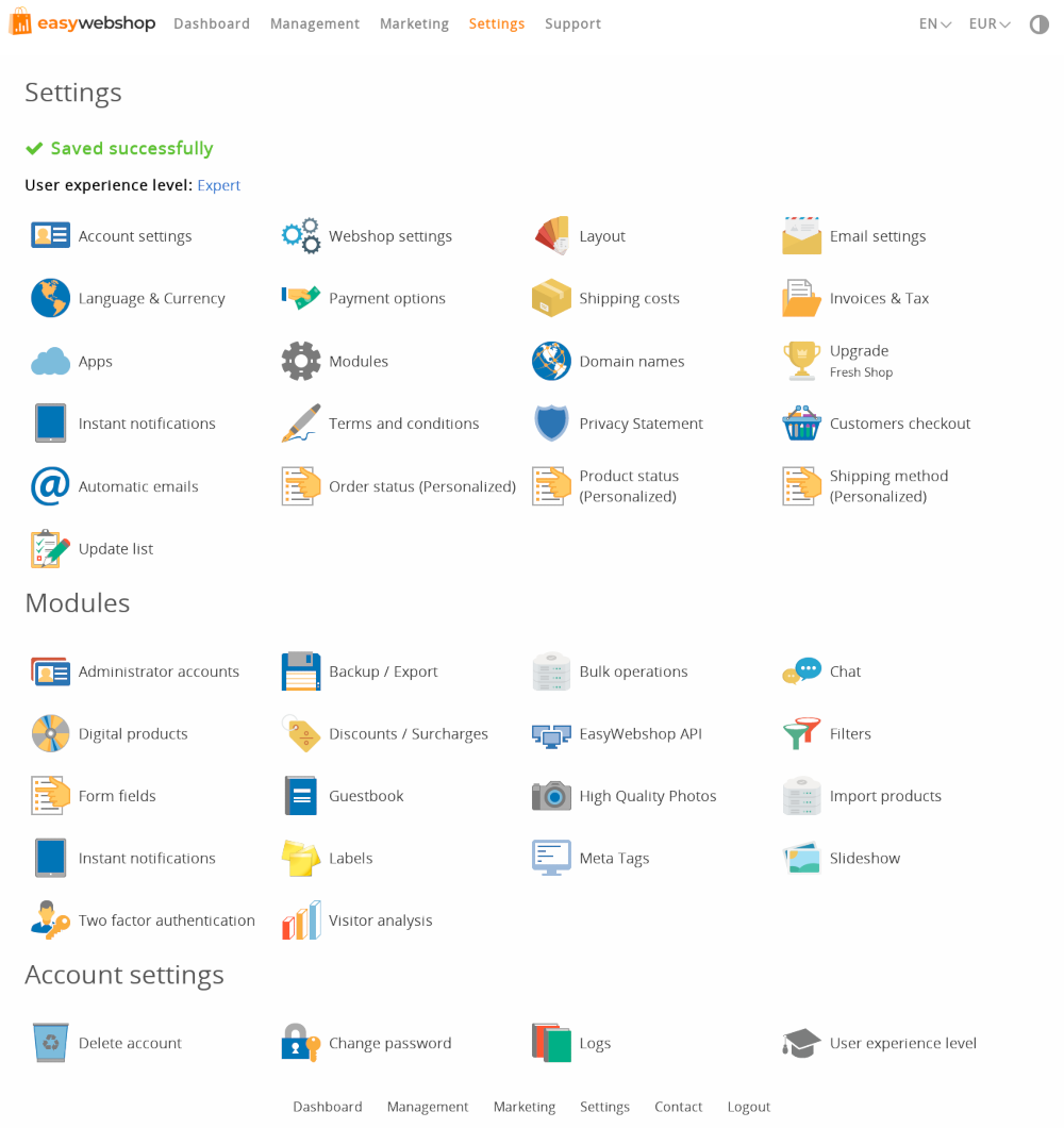 EasyWebshop settings