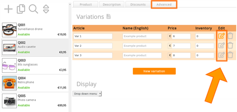 Editing product variations